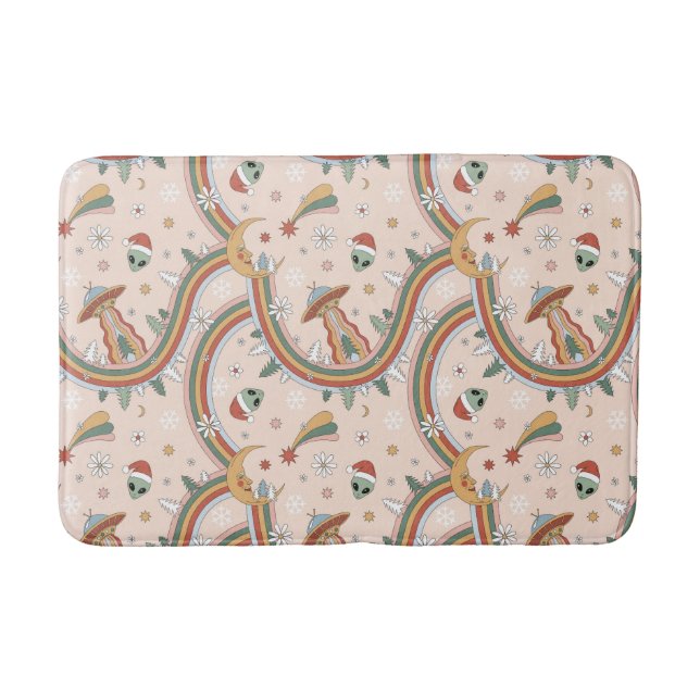 Cute Christmas Tree Alien Rainbow Holiday Pattern Bath Mat (Front)