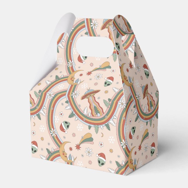 Cute Christmas Tree Alien Rainbow Holiday Pattern Favor Boxes (Front Side)