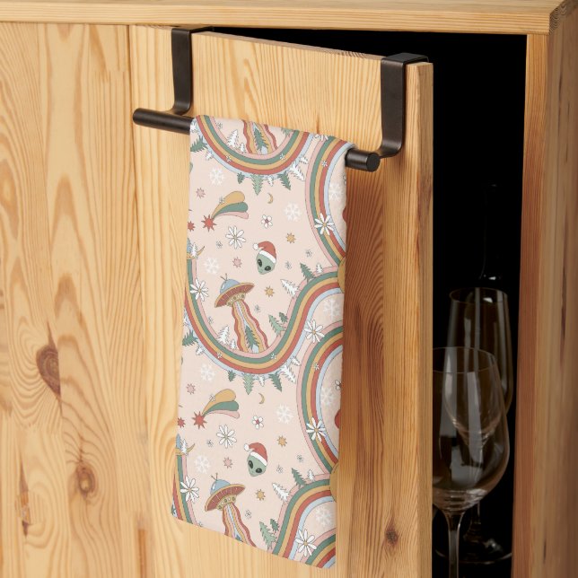 Cute Christmas Tree Alien Rainbow Holiday Pattern Kitchen Towel (Thirds Fold)