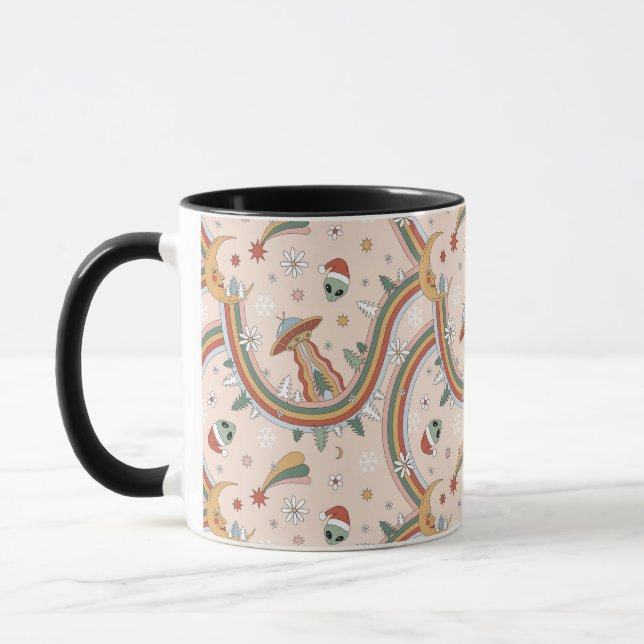 Cute Christmas Tree Alien Rainbow Holiday Pattern Mug (Left)