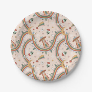 Cute Christmas Tree Alien Rainbow Holiday Pattern Paper Plates