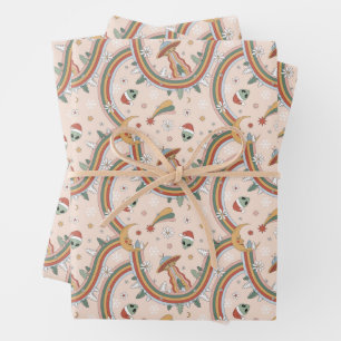 Cute Christmas Tree Alien Rainbow Holiday Pattern Wrapping Paper Sheets