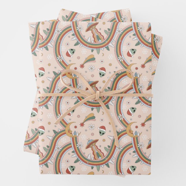 Cute Christmas Tree Alien Rainbow Holiday Pattern Wrapping Paper Sheets (In situ)