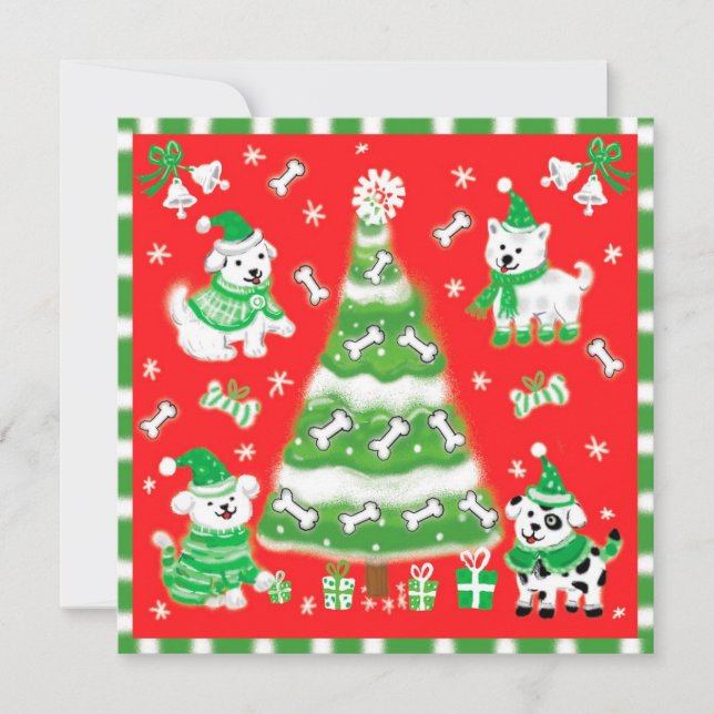 Cute Christmas Tree and Puppy Dogs with Bones Holiday Card (Front)
