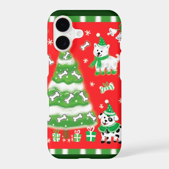 Cute Christmas Tree and Puppy Dogs with Bones iPhone Case (Back)