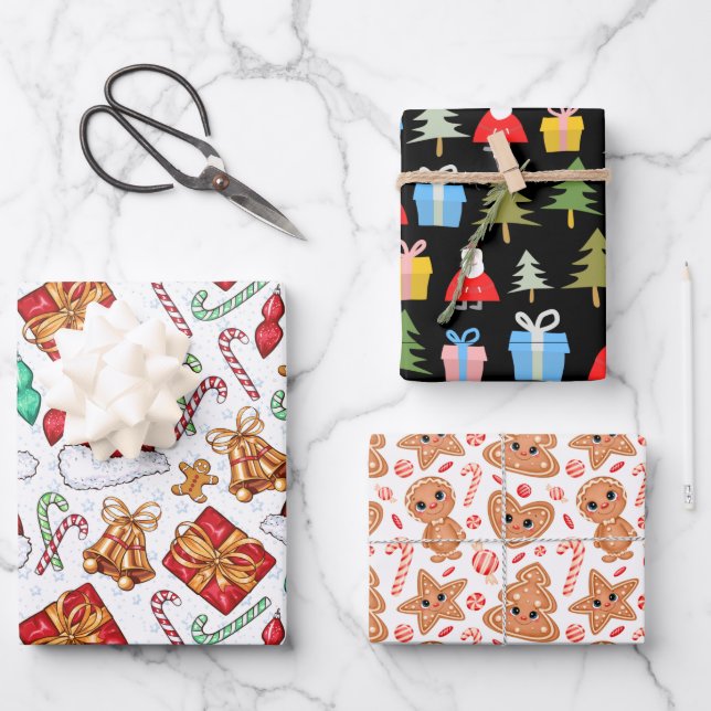 Cute Christmas tree bells gingerbread  pattern  Wrapping Paper Sheets (Front)