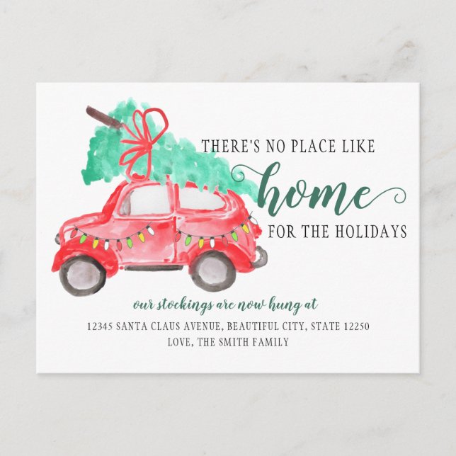 Cute Christmas Tree Car We've Moved Holiday Moving Announcement Postcard (Front)