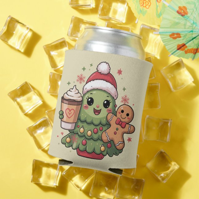 Cute Christmas Tree Coffee Latte Gingerbread Xmas Can Cooler (In Situ Summer)