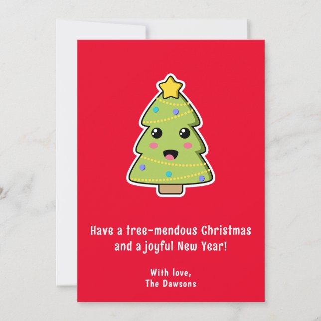 Cute Christmas Tree Funny Tree-mendous Red Flat Holiday Card (Front)