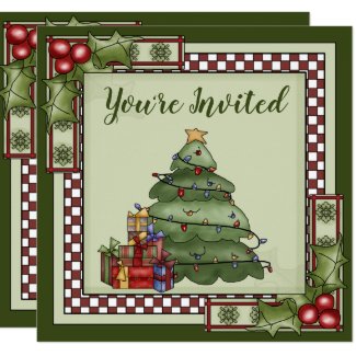 Cute Christmas Tree, Gifts and Holly Holiday Party Invitation