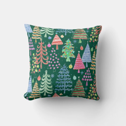 Cute Christmas Tree  Green Pink Red Pattern Throw Pillow