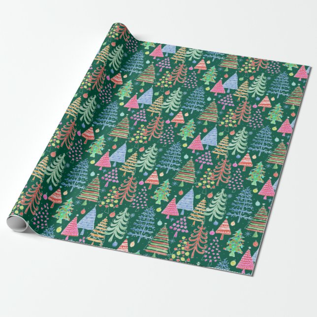 Cute Christmas Tree Green Red Pink Blue Pattern Wrapping Paper (Unrolled)