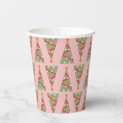 Cute Christmas Tree Holiday Pattern Pink Green Red Paper Cups