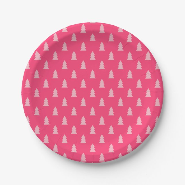 Cute Christmas tree pattern pastel and hot pink Paper Plates (Front)
