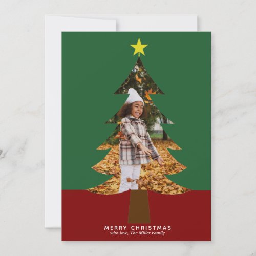 Cute Christmas Tree Photo Cutout Modern Green Red Holiday Card