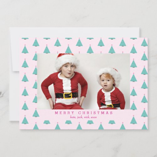 Cute Christmas Tree Pink and Turquoise Photo Holiday Card