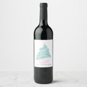 Cute Christmas Tree Pink Green Swirly  Wine Label