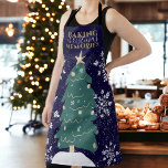 Cute Christmas tree quote snowflakes navy blue Apron<br><div class="desc">Baking Christmas Memories! A fun and cool illustration with a green Christmas tree ,  garlands and decoration  on an editable navy blue  background with editable white snowflakes. Perfect Christmas and winter Holidays cooking apron!</div>
