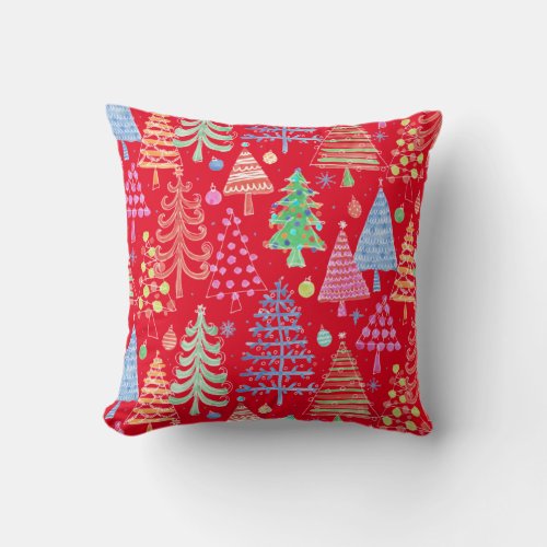 Cute Christmas Tree Red Green Blue Pattern Throw Pillow