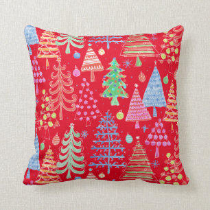 Cute Christmas Tree Red Green Blue Pattern Throw Pillow