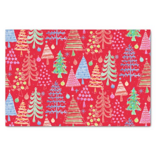 Cute Christmas Tree Red Green Blue Pattern Tissue Paper