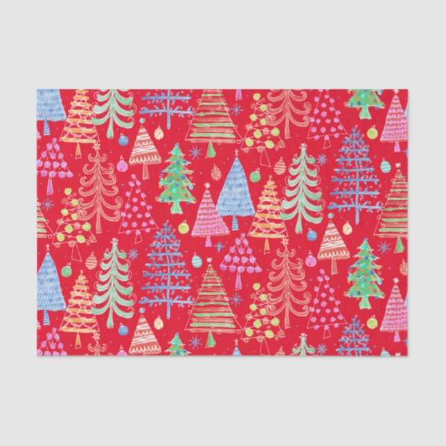 Cute Christmas Tree Red Green Blue Pattern Tissue Paper (Front)