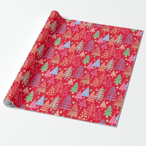 Cute Christmas Tree Red Green Blue Pattern Wrapping Paper