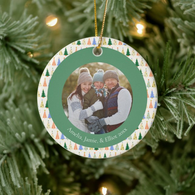 Cute Christmas Tree Red Green Family Custom Photo Ceramic Ornament (Tree)