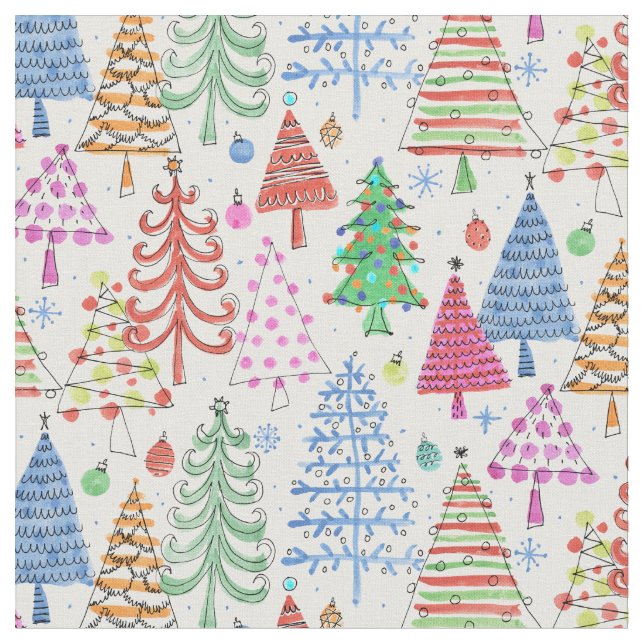 Cute Christmas Tree Red Green Pink Blue Pattern Fabric (Close Up)