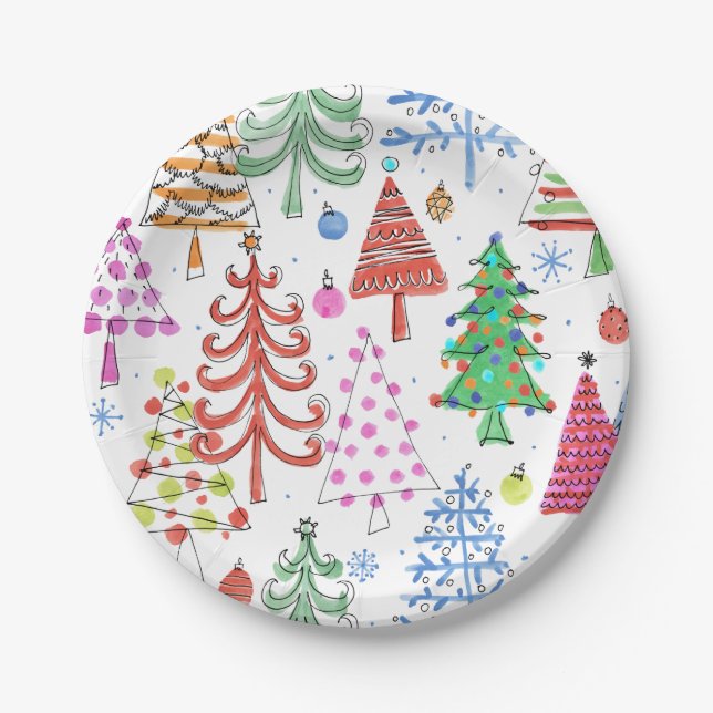 Cute Christmas Tree Red Green Pink Blue Pattern Paper Plates (Front)