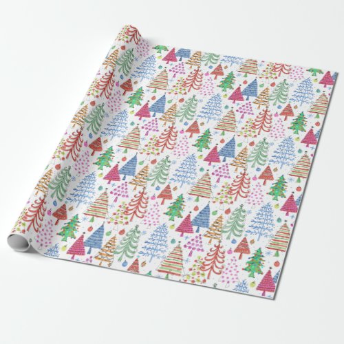 Cute Christmas Tree Red Green Pink Blue Pattern Wrapping Paper