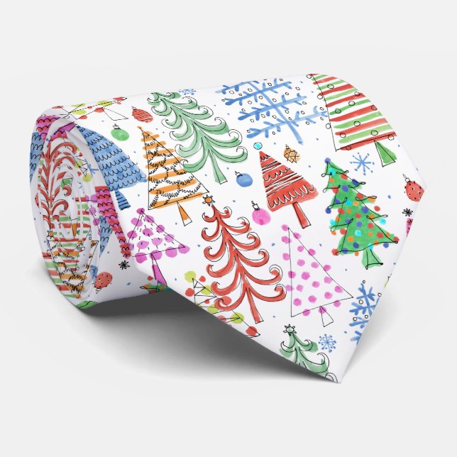 Cute Christmas Tree Red Green Pink Novelty Pattern Neck Tie (Rolled)
