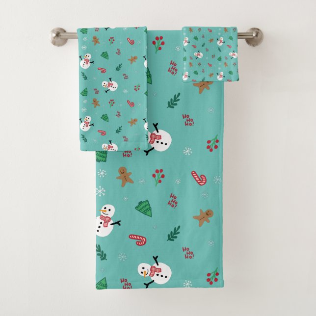 Cute Christmas Tree Snowman Candy Cane Pattern Bath Towel Set (Insitu)