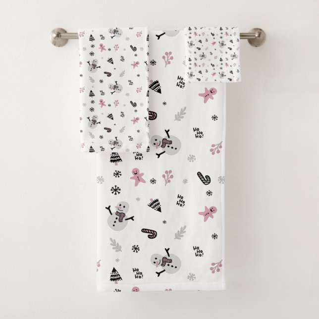 Cute Christmas Tree Snowman Candy Cane Pattern Bath Towel Set (Insitu)