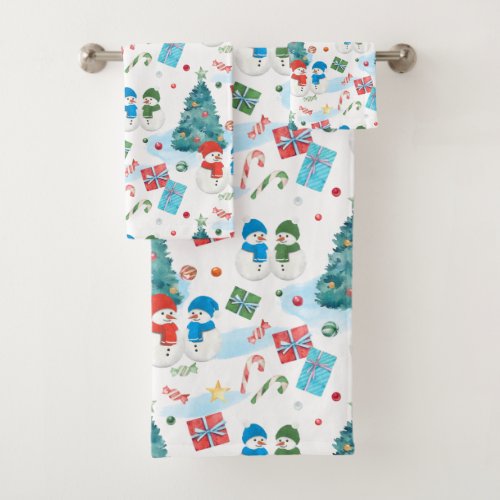 Cute Christmas Tree Snowman Gifts Candy Pattern Bath Towel Set