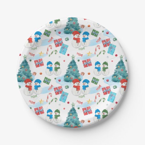 Cute Christmas Tree Snowman Gifts Candy Pattern Paper Plates