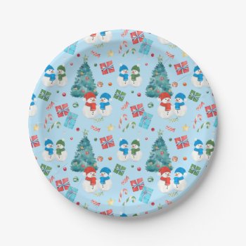 Cute Christmas Tree  Snowman  Gifts  Candy Pattern Paper Plates by ChristmaSpirit at Zazzle
