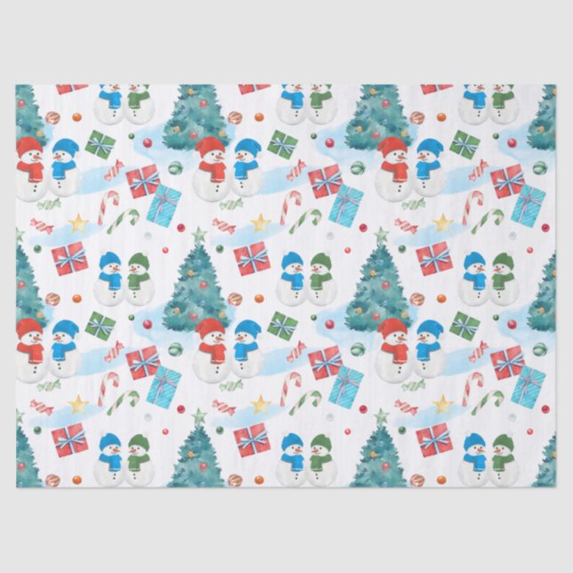 Cute Christmas Tree, Snowman, Gifts, Candy Pattern Tissue Paper (Front)