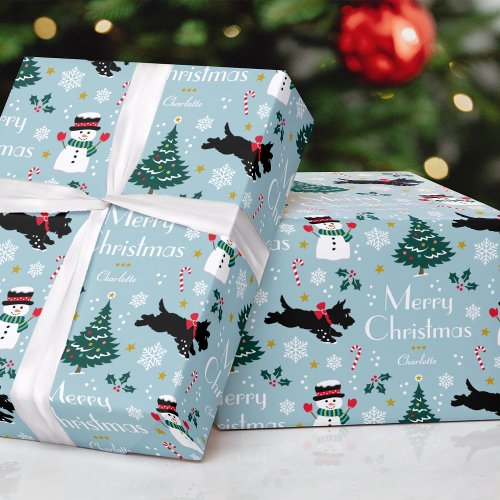 Cute Christmas Tree Snowman Scottie Dog Blue Wrapping Paper