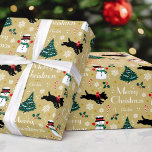 Cute Christmas Tree Snowman Scottie Dog Gold Wrapping Paper<br><div class="desc">Add a little whimsical charm to the holiday season with this cute Christmas gift wrap! Featuring original artwork with a happy snowman wearing a hat, scarf and mittens, a festive Scottie dog with a red bow, a Christmas tree, candy canes, holly, snowflakes and stars. The color palette includes red, green,...</div>