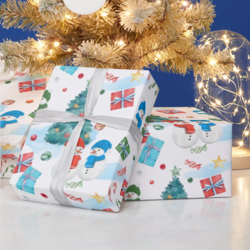 Cute Christmas Tree Snowmen Gifts Candy Pattern Wrapping Paper