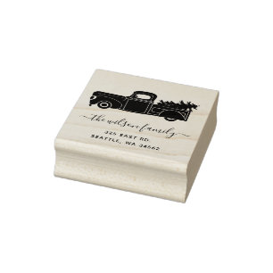 Cute Christmas Tree Vintage Truck Return Address Rubber Stamp