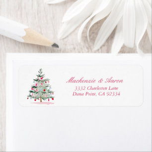 Cute Christmas Tree Watercolor Pink Return Address Label