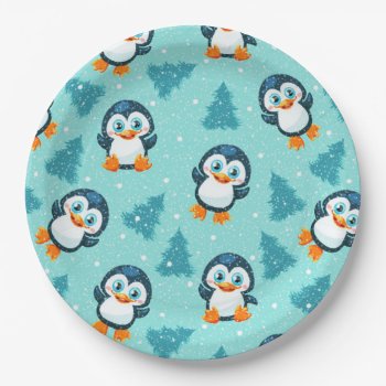 Cute Christmas Trees And Penguins Pattern Paper Plates by ChristmaSpirit at Zazzle