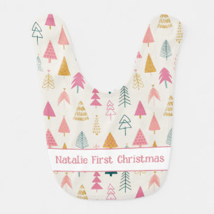 Cute Christmas Trees Blush Pink Pattern Name Baby Bib