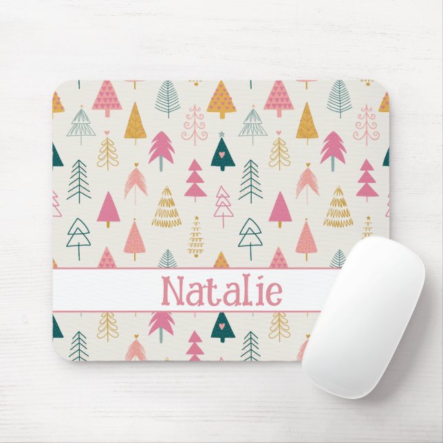 Cute Christmas Trees Blush Pink Pattern Name Mouse Pad (With Mouse)