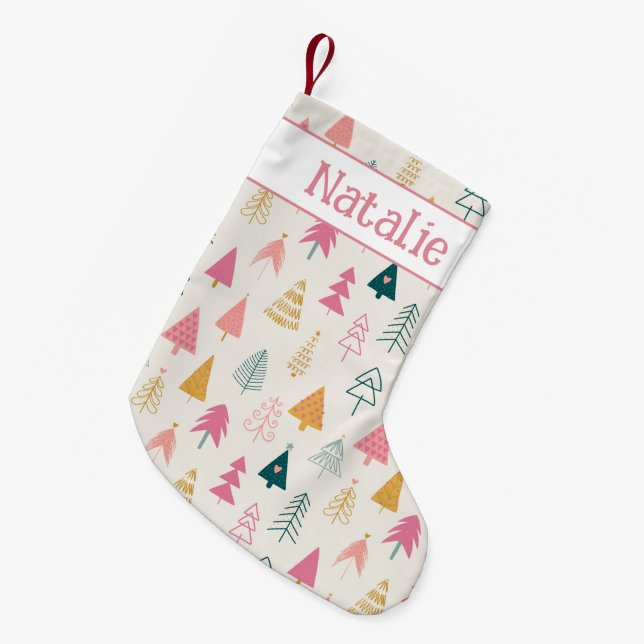 Cute Christmas Trees Blush Pink Pattern Name Small Christmas Stocking (Front (Hanging))