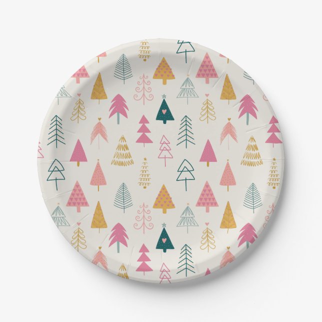 Cute Christmas Trees Blush Pink Pattern  Paper Plates (Front)