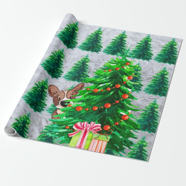 Cute Christmas Trees Dog Wrapping Paper (Unrolled)