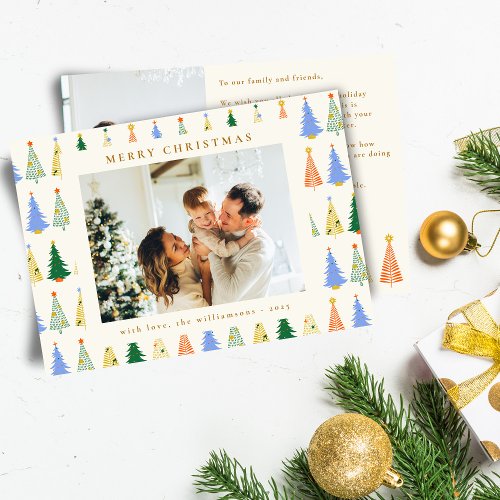 Cute Christmas Trees Green Boho Two Photo Message Holiday Card